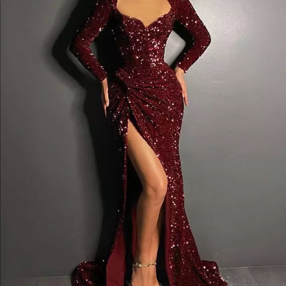 Sequin Maxi Dress Elegant Long Sleeve Dresses Burgundy Hem Slit , Great for Prom - Picture 2 of 5